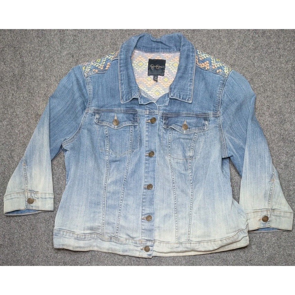 Jessica Simpson Women's Size XL Embroidered Denim Jacket 3/4 Sleeve Cotton Blend